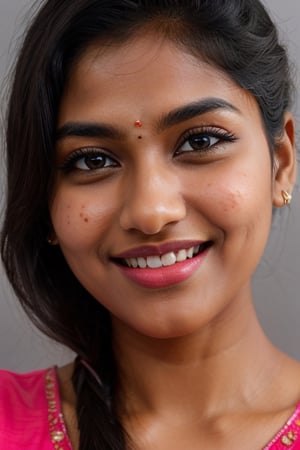 Beautiful tamil girl, face close up, grey background, black long hair flaunting graciously in air, round chasmish face, sharp eyebrows, seductive eyes, looking straight into viewers, snouty nose, wearing nose pin, 
 pimpled cheeks, smiling naughtily, dimple in cheeks, juicy pink lips, dusky skintone,Masterpiece