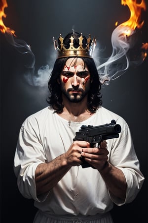 Modern art, war background, , jesus christ, well built, wearing crown of thorns, terrifying look, glaring eyes, smoking cigar, pointing gun at viewer, wearing white dress, blood everywhere, torn and burnt,insertNameHere