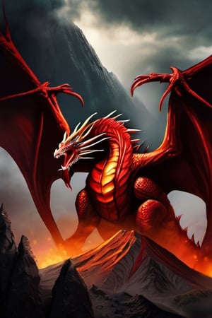 realistic dark volcano erupted mountain, magma flowing around, fumes clouding the sky, realistic red dragon with five heads, standing tall, Wings sharp, claws with long nails, roaring at the sky, fierce, terrifying, monstorous, terrorizing