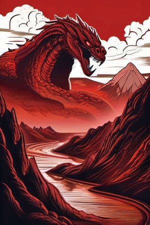 realistic dark volcano erupted mountain, magma flowing around, fumes clouding the sky, realistic ancient red hydra, standing tall, Wings sharp, claws with long nails, roaring at the sky, fierce, terrifying, monstorous, terrorizing,RaashiKhanna