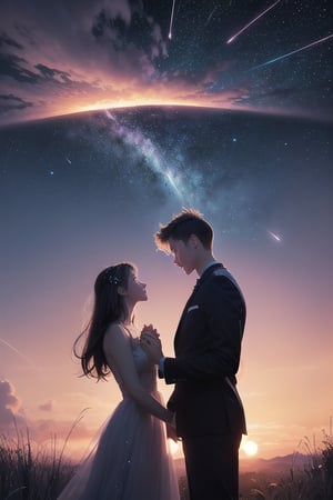 modern surrealist art,, beautiful dreamy sky background, with stars at distant, meteors falling, dreamy state, girl and boy shaking hands close up during beautiful sunset, magical, romantic ,Masterpiece