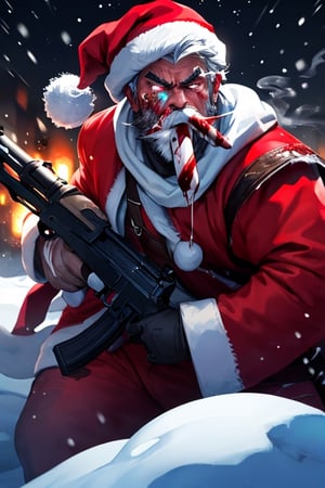 sparkling snowy night background, splash of bloods over the mounts of snow in background, Santa claus with rugged longbeard and fiery eyes and terrifying face, glaring look to the viewers, smoking candy cane in mouth, gun in the hand pointing the viewer, blood dripping from candy cane,Santa Claus,gun,newhorrorfantasy_style