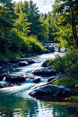 realistic brookside in scotland, evening time, tall trees at far, giant grizzly bear sitting in brook, looking at the river, clear glass like water running, fishes swimming in the river against the stream 