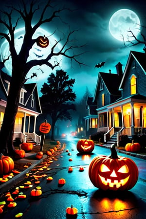 spooky halloween night, pitch dark sky, ghostly town, empty streets, petrifying trees, cars left in roads, demonic pumpkins, grimming with sharp teeths, candies piled up in streets, steel plate stuck to view saying "HALLOWEEN"