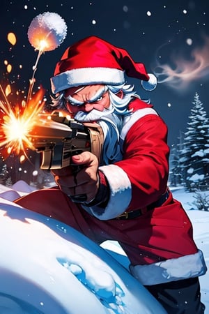sparkling snowy night background, splash of bloods over the mounts of snow in background, Santa claus with rugged longbeard and fiery eyes and terrifying face, glaring look to the viewers, smoking candy cane in mouth, shotgun in the hand pointing the viewer, blood dripping from candy cane,Santa Claus,gun