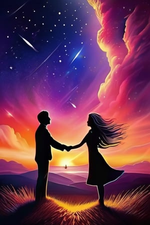 modern surrealist art,, beautiful dreamy sky background, with stars at distant, meteors falling, dreamy state, girl and boy shaking hands close up during beautiful sunset, magical, romantic ,Masterpiece
