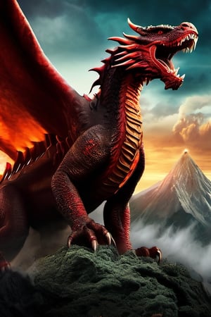 realistic dark volcano erupted mountain, magma flowing around, fumes clouding the sky, realistic ancient greek and red mixed green dragon, standing tall ferociously, Wings sharp, claws with long nails, roaring at the sky, fierce, terrifying, monstorous, terrorizing,RaashiKhanna