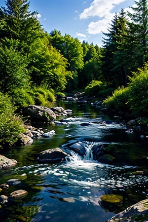 realistic brookside in scotland, evening time, tall trees at far, giant grizzly bear sitting in brook, looking at the river, clear glass like water running, fishes swimming in the river against the stream 