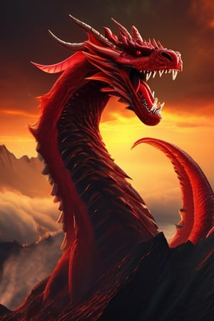 realistic dark volcano erupted mountain, magma flowing around, fumes clouding the sky, realistic red dragon, standing tall, Wings sharp, claws with long nails, roaring at the sky,