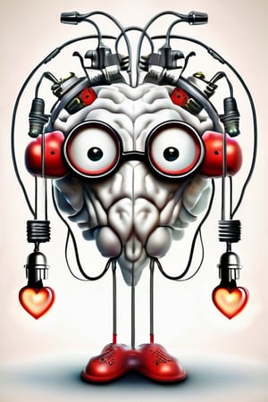 modern surrealism, white background, cartoonic real raw large brain with large eyes at center, wearing glasses, three incandescent bulbs attached to top, personified, wearing headphones, droopy eyes, real raw shrunken cold small heart at center of heart,Masterpiece