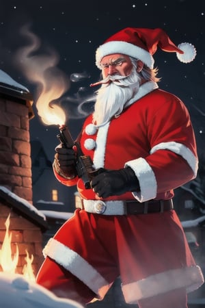 sparkling snowy night background, Large house with chimney set on fire, Santa claus with rugged longbeard and fiery eyes and terrifying face, glaring look to the viewers, smoking candy cane in mouth, gun in the hand aiming front blood dripping from candy cane,Santa Claus,gun,elemental