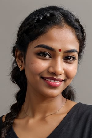 Beautiful tamil woman, face close up, grey background, black long hair braided and kept in front, round chubby face, sharp eyebrows, seductive eyes, looking straight into viewers, short nose, wearing visible nose ring, pimpled cheeks, smiling naughtily, dimple in cheeks, juicy pink lips, fair skintone,Masterpiece