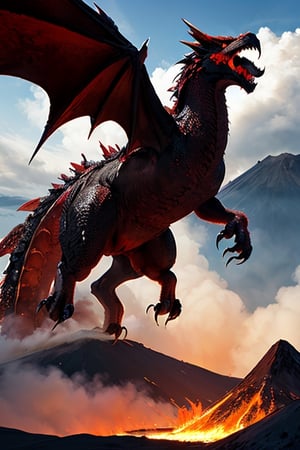 realistic dark volcano erupted mountain, magma flowing around, fumes clouding the sky, realistic red dragon, standing tall, Wings sharp, claws with long nails, roaring at the sky