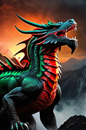 realistic dark volcano erupted mountain, magma flowing around, fumes clouding the sky, realistic ancient greek and red mixed green dragon, standing tall ferociously, Wings sharp, claws with long nails, roaring at the sky, fierce, terrifying, monstorous, terrorizing,RaashiKhanna