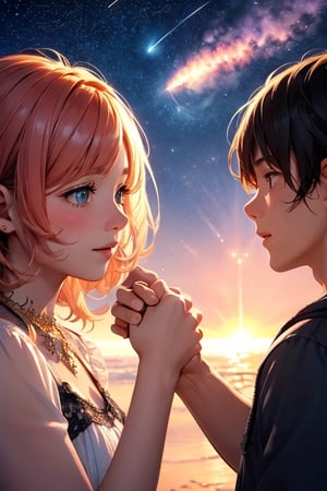 modern surrealist art,, beautiful dreamy sky background, with stars at distant, meteors falling, dreamy state, girl and boy shaking hands close up during beautiful sunset, magical, romantic ,Masterpiece