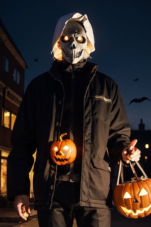 spooky halloween night, pitch dark sky, ghostly town background, ghost rider in front, trick or treat bag in hands