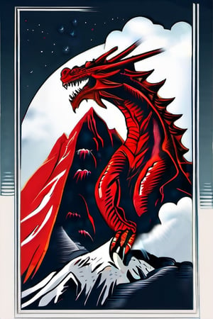 realistic dark volcano erupted mountain, magma flowing around, fumes clouding the sky, realistic red dragon, standing tall, Wings sharp, claws with long nails, roaring at the sky,weapon,Game of Thrones
