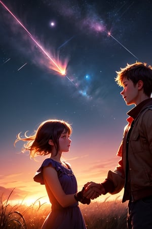 modern fantasy, beautiful dreamy sky background, with stars at distant, meteors falling, dreamy state, girl and boy shaking hands close up during beautiful sunset, magical, romantic 