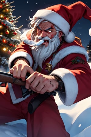 sparkling snowy night background, splash of bloods over the mounts of snow in background, Santa claus with rugged longbeard and fiery eyes and terrifying face, glaring look to the viewers, smoking candy cane in mouth, shotgun in the hand pointing the viewer, blood dripping from candy cane,Santa Claus, christmas presents torn and burnt spread at bottom