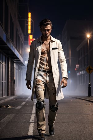 long exposure photograph, modern tech world, humanoid robots rushing background, Young man standing amidst, torn coat suit, ripped white shirt, broken glasses, messy hair, looking clueless, tears in eyes, deep into thoughts, looking at the viewer,Masterpiece,QRobot,scaled humanoid