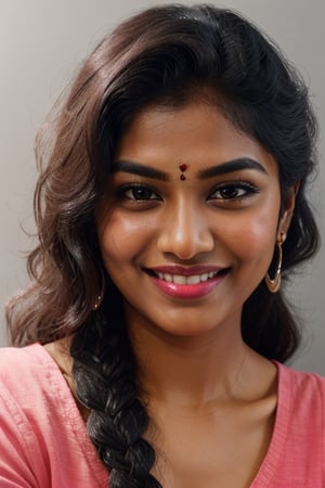 Beautiful tamil woman, face close up, grey background, black long hair braided and kept in front, round chubby face, sharp eyebrows, seductive eyes, looking straight into viewers, snouty short nose, wearing visible nose ring, pimpled cheeks, smiling naughtily, dimple in cheeks, juicy pink lips, fair skintone,Masterpiece