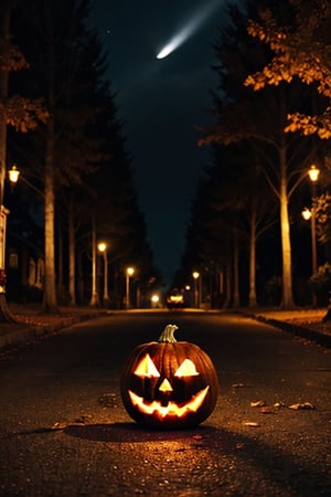 spooky halloween night, pitch dark sky, ghostly town, empty streets, petrifying trees, cars left in roads, demonic pumpkins, grimming with sharp teeths, candies piled up in streets, steel plate stuck to view saying "HALLOWEEN"