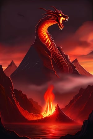 realistic dark volcano erupted mountain, magma flowing around, fumes clouding the sky, realistic ancient red hydra with five heads, standing tall, Wings sharp, claws with long nails, roaring at the sky, fierce, terrifying, monstorous, terrorizing