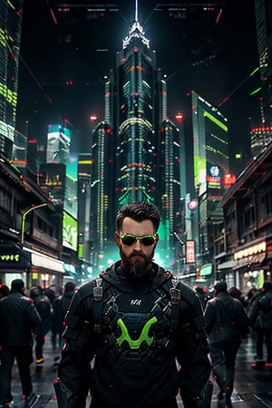 modern realistic, cyberpunk city with tall skyscrapers at background, Man wearing partial machine suit armor at front, looking sideways,  well built, holding high tech shot gun in hand, wearing laser eye glasses, rugged beard, grunt in face,Cyberpunk,DonMM4ch1n3W0rld ,4rmorbre4k, Masterpiece,photorealistic,Masterpiece,cyber_asia, hyper-realistic, high resolution, photograph_(object)