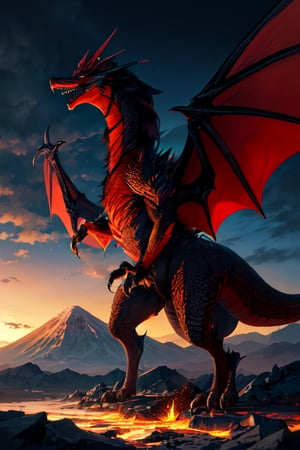 realistic dark volcano erupted mountain, magma flowing around, fumes clouding the sky, realistic red dragon, standing tall, Wings sharp, claws with long nails, roaring at the sky