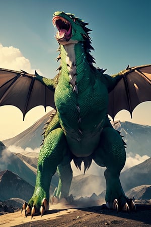 realistic dark volcano erupted mountain, magma flowing around, fumes clouding the sky, realistic ancient greek green dragon, standing tall ferociously, Wings sharp, claws with long nails, roaring at the sky, fierce, terrifying, monstorous, terrorizing,RaashiKhanna