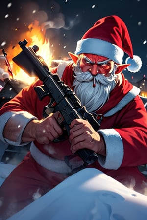 sparkling snowy night background, Large house with chimney set on fire, Santa claus with rugged longbeard and fiery eyes and terrifying face and two elves beside, glaring look to the viewers, smoking candy cane in mouth, gun in the hand aiming front blood dripping from candy cane,Santa Claus,gun