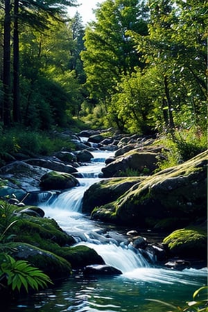 realistic brookside in scotland, evening time, tall trees at far, realistic grizzly bear sitting in brook, looking at the river, clear glass like water running, fishes swimming in the river against the stream 