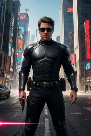 modern realistic, cyberpunk city with tall skyscrapers at background, Man wearing partial machine suit armor at front, looking sideways,  well built, holding high tech shot gun in hand, wearing laser eye glasses, rugged beard, grunt in face,Cyberpunk,Masterpiece,photorealistic,Masterpiece, hyper-realistic, high resolution, photograph_(object),futuristic, tom cruise