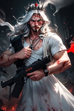 realistic, war background, , jesus christ, well built, wearing thorns crown, terrifying look, glaring eyes, smoking cigar, pointing gun at viewer, wearing silver cross chain around neck, wearing blood soaked white dress, blood everywhere,insertNameHere