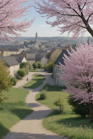 minimal painting of village in france across the river during spring season with flowers blooming in trees and people in village welcomming spring,<lora:659111690174031528:1.0>