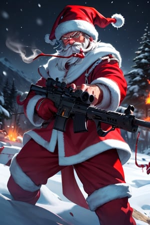 sparkling snowy night background, splash of bloods over the mounts of snow in background, Santa claus with rugged longbeard and fiery eyes and terrifying face, glaring look to the viewers, smoking candy cane in mouth, gun in the hand aiming front blood dripping from candy cane,Santa Claus,gun,newhorrorfantasy_style