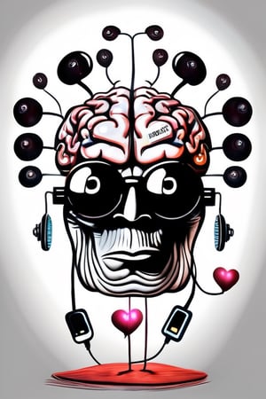 modern surrealism, white background, cartoonic real raw large brain with large eyes at center, wearing glasses, three incandescent bulbs attached to top, personified, wearing headphones, droopy eyes, real raw shrunken cold small heart at center of heart,Masterpiece