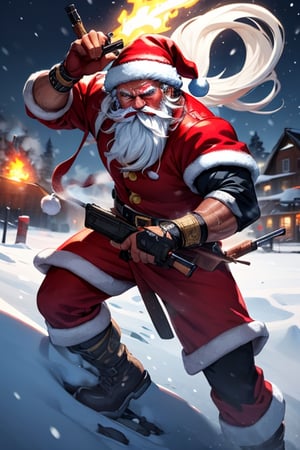 sparkling snowy night background, splash of bloods over the mounts of snow in background, Santa claus with rugged longbeard and fiery eyes and terrifying face, glaring look to the viewers, smoking candy cane in mouth, shotgun in the hand pointing the viewer, blood dripping from candy cane,Santa Claus