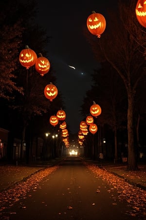 spooky halloween night, pitch dark sky, ghostly town, empty streets, petrifying trees, cars left in roads, demonic pumpkins, grimming with sharp teeths, candies piled up in streets, creepy balloons saying "HALLOWEEN"