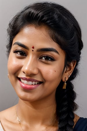 Beautiful tamil woman, face close up, grey background, black long hair braided and kept in front, round chubby face, sharp eyebrows, seductive eyes, looking straight into viewers, short nose, wearing visible nose ring, pimpled cheeks, smiling naughtily, dimple in cheeks, juicy pink lips, white skintone,Masterpiece