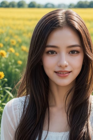 (realistic:1.3), finely detailed, best quality, (masterpiece:1.2), (detailed skin:1.3) , (intricate details), ray tracing, dramatic, 1girl, (cute Ethereal Female), light smile, (film grain:1.2), Field, Meadow, Landscape, Farming, Sunshine, Flowers