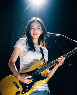 beautiful 28 years old a Korean mature female singer playing guitar standing in the front. The light shines on their heads, pure face, nude,full body, quality, masterpiece, (photorealistic:1.4),  freckles on face,black hair, smiling, 1 girl, natural lighting, from below, detailed backgroundstanding, (best quality),incredibly detailed, stage, best quality, ultra high res, (photorealistic:1.4), 1girl