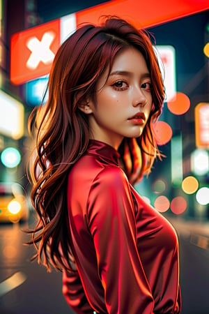 1girl, Tokyo street,night, cityscape,city lights, upper body,close-up, 8k, RAW photo, best quality, masterpiece,realistic, photo-realistic,red rose, xxmix girl woman