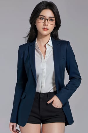 modelshoot style, a portrait of a white female with black hair in business attire with eye glasses, trending on artstation and deviantart, xxmix girl woman
,xxmix girl woman