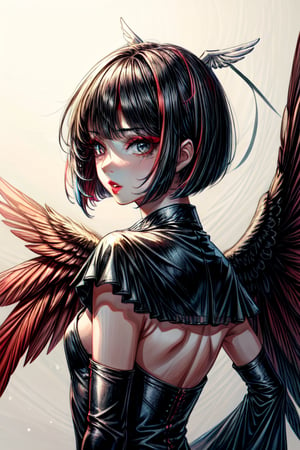 1girl, solo, angel wings, upper body,looking at viewer, white background, bob cut, short hair, multicolored hair, makeup , parted lips, red lips, eyeliner,
,Endsinger