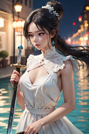 best quality,masterpiece,highres,cg, 1lady, weapon,sword,long hair,dress,water,solo,jewelry,white dress,earrings,hair ornament,splashing,upper body,hair bun,black hair,lighting,candid,Photograph,high resolution,4k,8k,Bokeh,