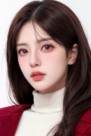 1 girl, solo, half body photo, realistic, looking at viewer, brown hair, simple background, lips, portrait, closed mouth, red, turtleneck, coat, white background