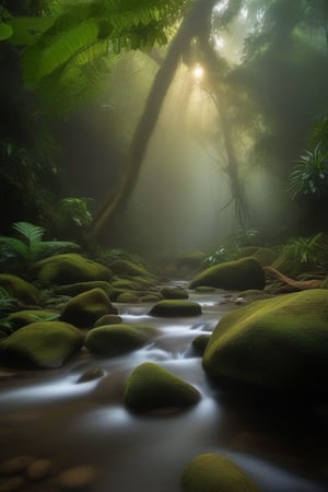 Rainforest, Nikon camera photo, 8K resolution, several large trees, deep green leaves  A stream flows through  Big and small rocks, morning mist, faint sunlight