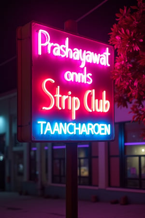 An advertising sign for a strip club with neon letters,  with pink an purple color, 50s  legs The sign says"Prashayawat Taancharoen" 