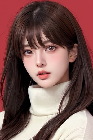 1 girl, solo, half body photo, realistic, looking at viewer, brown hair, simple background, lips, portrait, closed mouth, red, turtleneck, coat, white background